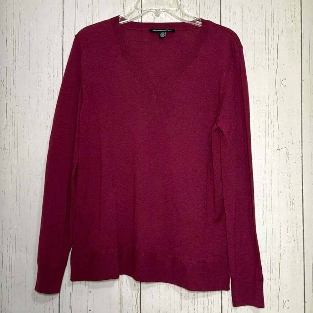 Katherine Barclay V Neck Sweater Womens Size L Wine Pink Merino Wool Lightweight